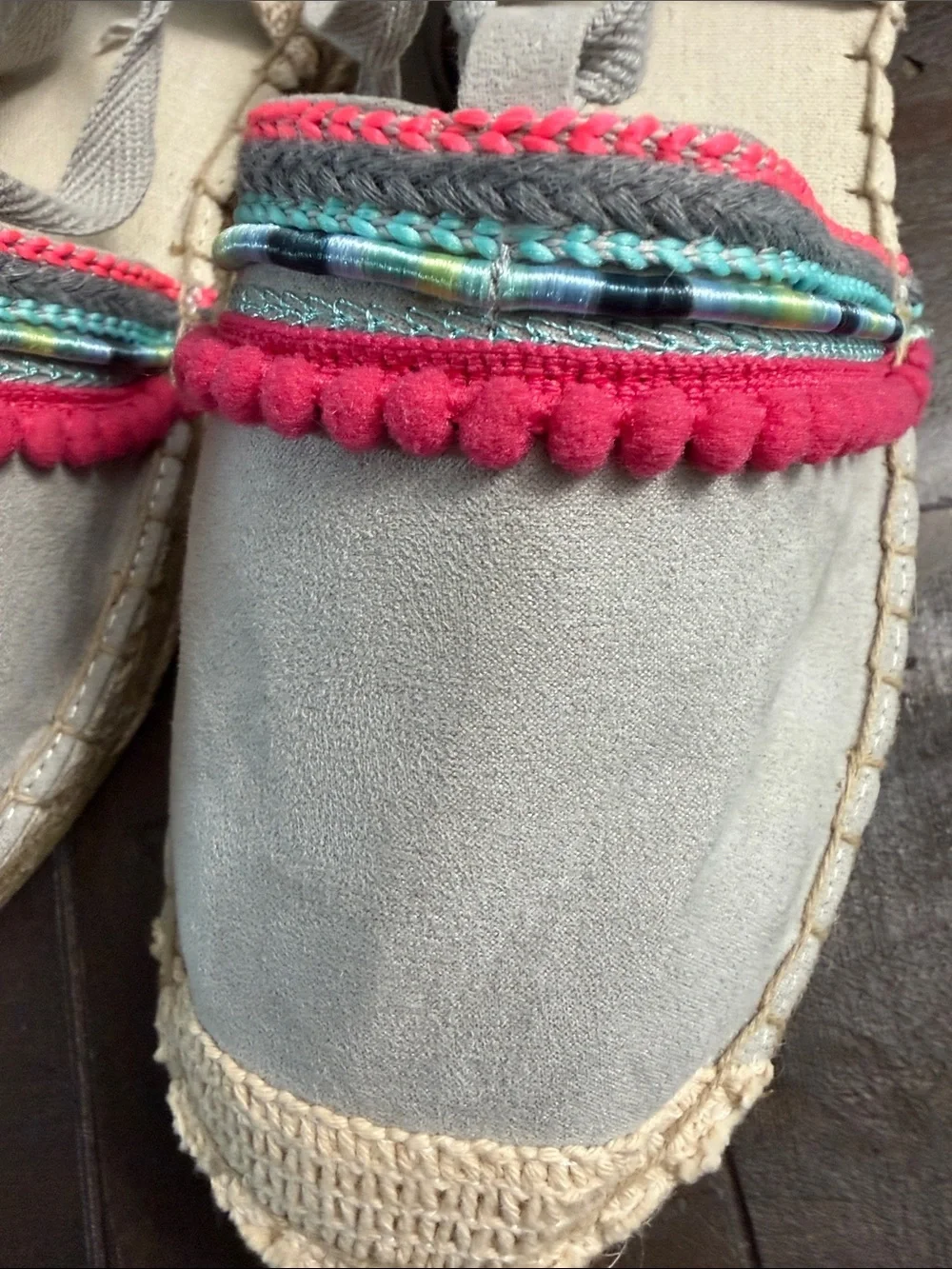 Qupid Light Gray Espadrille Flats with Pink & Aqua Trim
